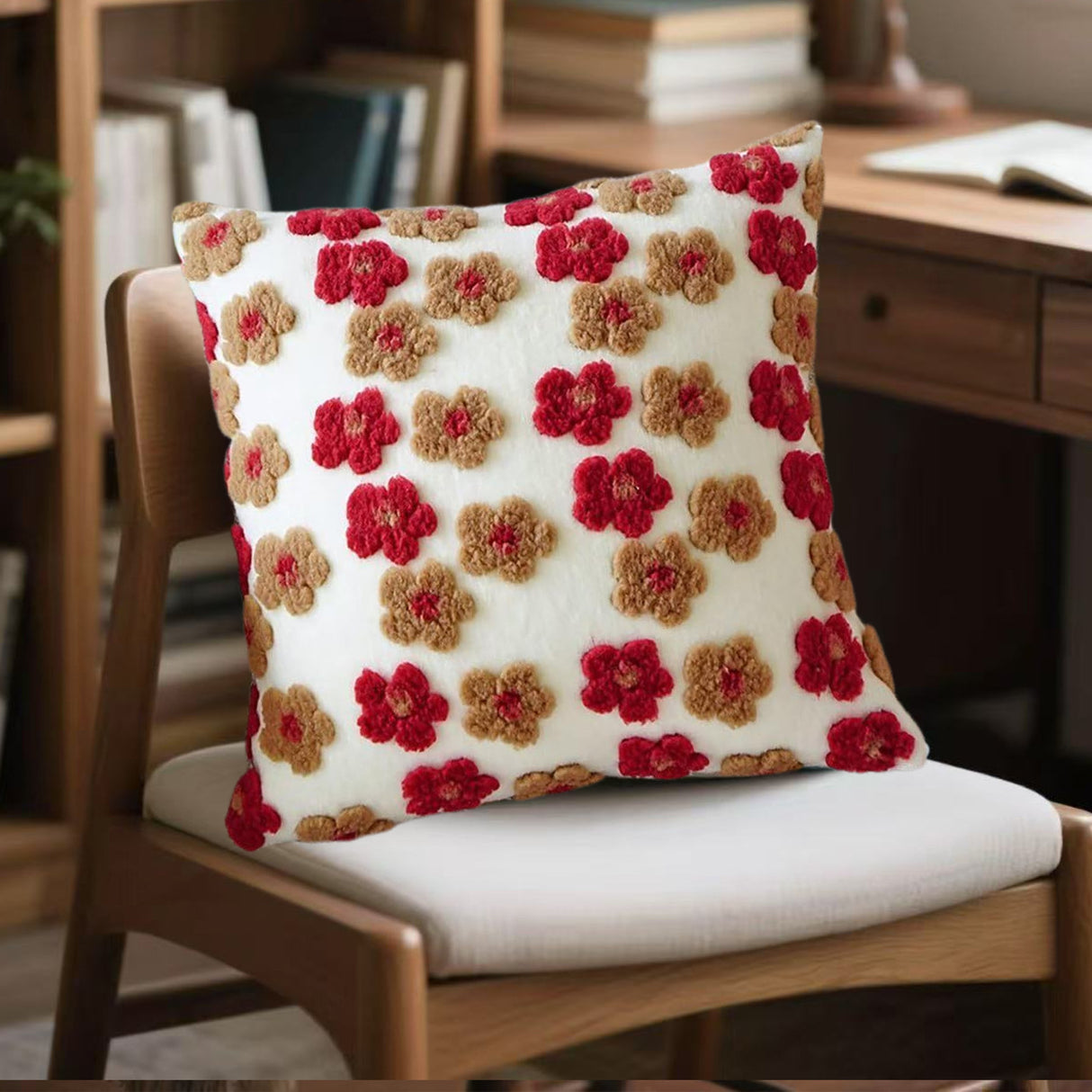 Red and Brown Charming 3D Floral Plush Cushion Covers - Set of 4, 45x45cm Soft Faux Lambswool Pillowcases for Sofa & Bed Decor