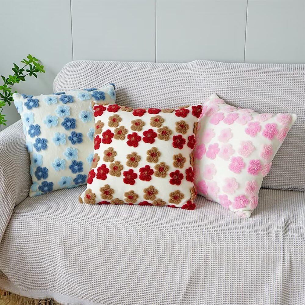 Red and Brown Charming 3D Floral Plush Cushion Covers - Set of 4, 45x45cm Soft Faux Lambswool Pillowcases for Sofa & Bed Decor