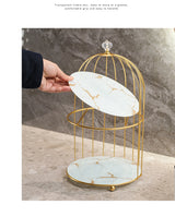 Gold and White Elegant 2-Tier Gold Birdcage Cosmetic Organizer - Wrought Iron Countertop Storage Rack for Skincare, Makeup & Jewelry