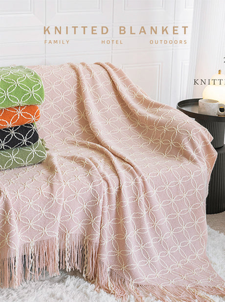 Orange Cozy Geometric Knitted Throw Blanket with Tassels - Soft Acrylic Decorative Sofa & Bed Cover, 130x180cm