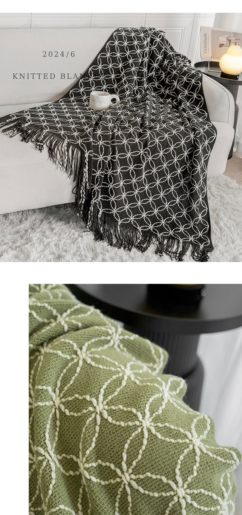 Black Cozy Geometric Knitted Throw Blanket with Tassels - Soft Acrylic Decorative Sofa & Bed Cover, 130x180cm