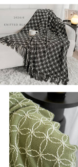 Dark Green Cozy Geometric Knitted Throw Blanket with Tassels - Soft Acrylic Decorative Sofa & Bed Cover, 130x180cm