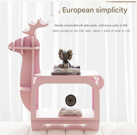 White Small Creative Reindeer-Shaped Solid Wood Bookshelf for Kids