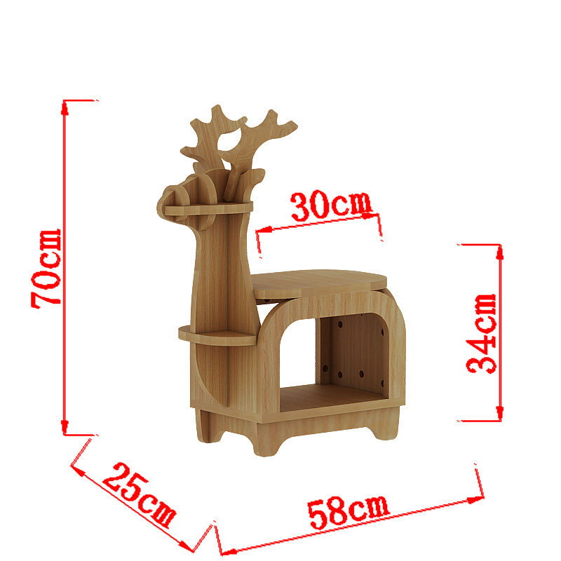 Yellow Oak Grain Trumpet Creative Reindeer-Shaped Solid Wood Bookshelf for Kids