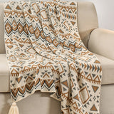 Beige-grey Bohemian Knitted Sofa Blanket, 130 x 170 cm, 900g, Ideal for Hotel and Nap Use