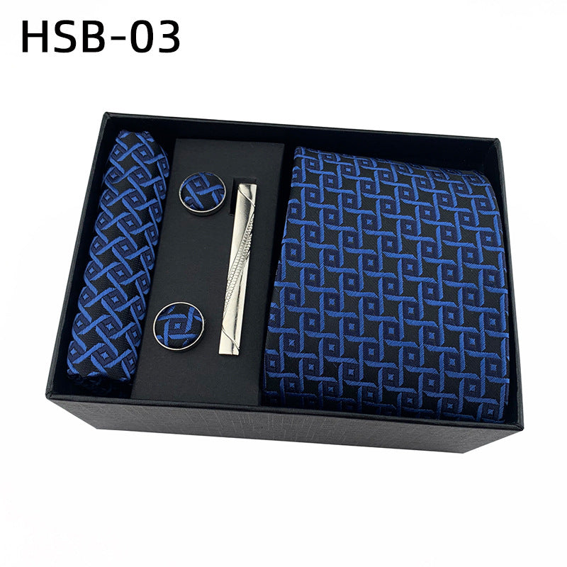 Men's Luxury Necktie Gift Set - 4 Piece Set with Tie, Pocket Square, Cufflinks & Tie Clip(Dark blue plaid)