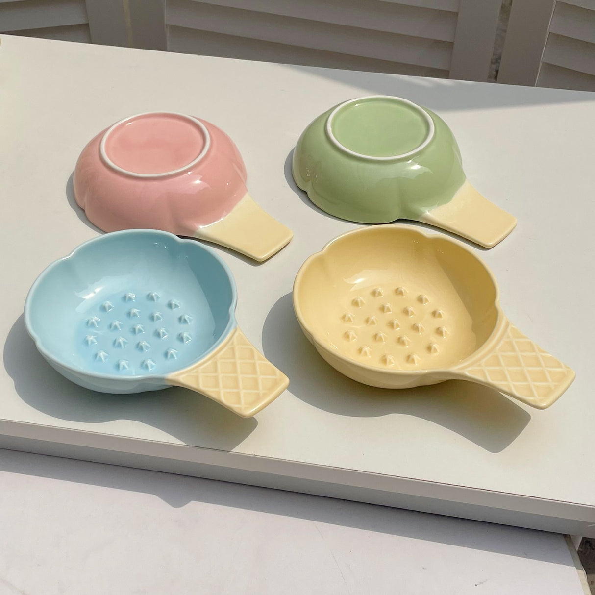 2 Pcs Pink and Yellow Adorable Ice Cream Cone Ceramic Slow Feeder Pet Bowl - Fun Anti-Gulp Design for Cats & Dogs