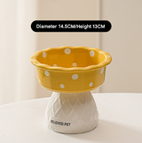 Yellow Adorable Mushroom Ceramic Elevated Cat Bowl - Anti-Vomiting & Spine Protecting Pet Feeder with Polka Dots