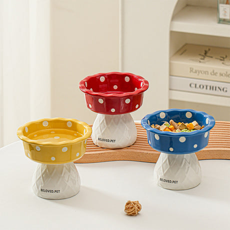 Yellow Adorable Mushroom Ceramic Elevated Cat Bowl - Anti-Vomiting & Spine Protecting Pet Feeder with Polka Dots