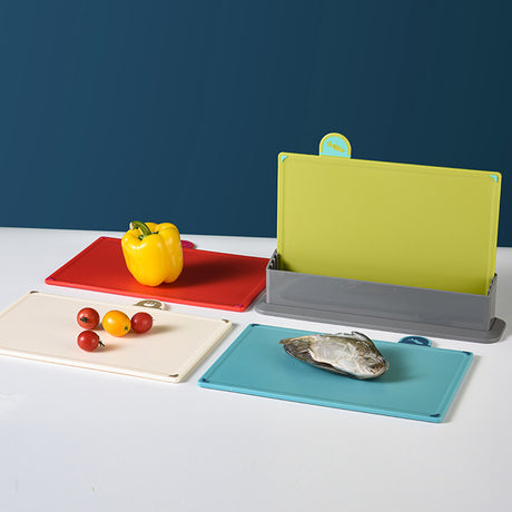Coloerful 4-Piece Colour-Coded Index Cutting Board Set with Storage Stand - Food-Safe PP, Non-Slip, Easy Clean Kitchen Chopping Boards