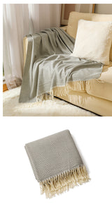 Grey Elegant Herringbone Tassel Throw Blanket - Large Acrylic Faux Cashmere Soft Cozy Blanket for Sofa, Bed & Decor (130x240cm)