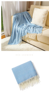Blue Elegant Herringbone Tassel Throw Blanket - Large Acrylic Faux Cashmere Soft Cozy Blanket for Sofa, Bed & Decor (130x240cm)