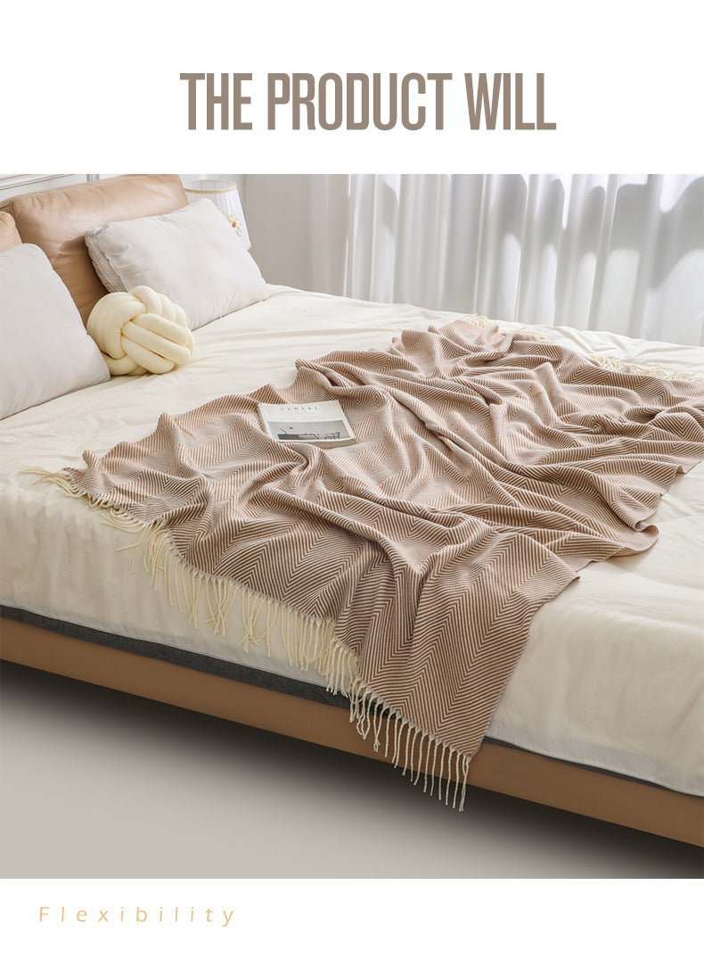 Khaki Elegant Herringbone Tassel Throw Blanket - Large Acrylic Faux Cashmere Soft Cozy Blanket for Sofa, Bed & Decor (130x240cm)