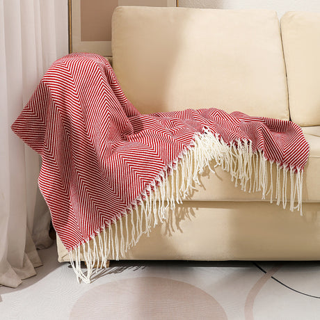 Red Elegant Herringbone Tassel Throw Blanket - Large Acrylic Faux Cashmere Soft Cozy Blanket for Sofa, Bed & Decor (130x240cm)