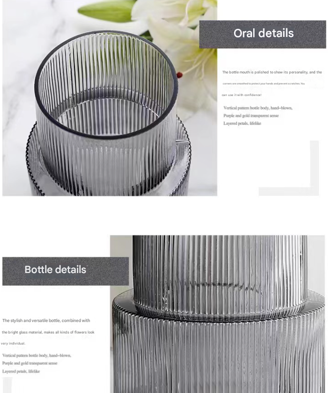 Transparent Modern Two-Tier Ribbed Glass Vase - Elegant Cylindrical Flower Centrepiece for Home Decor