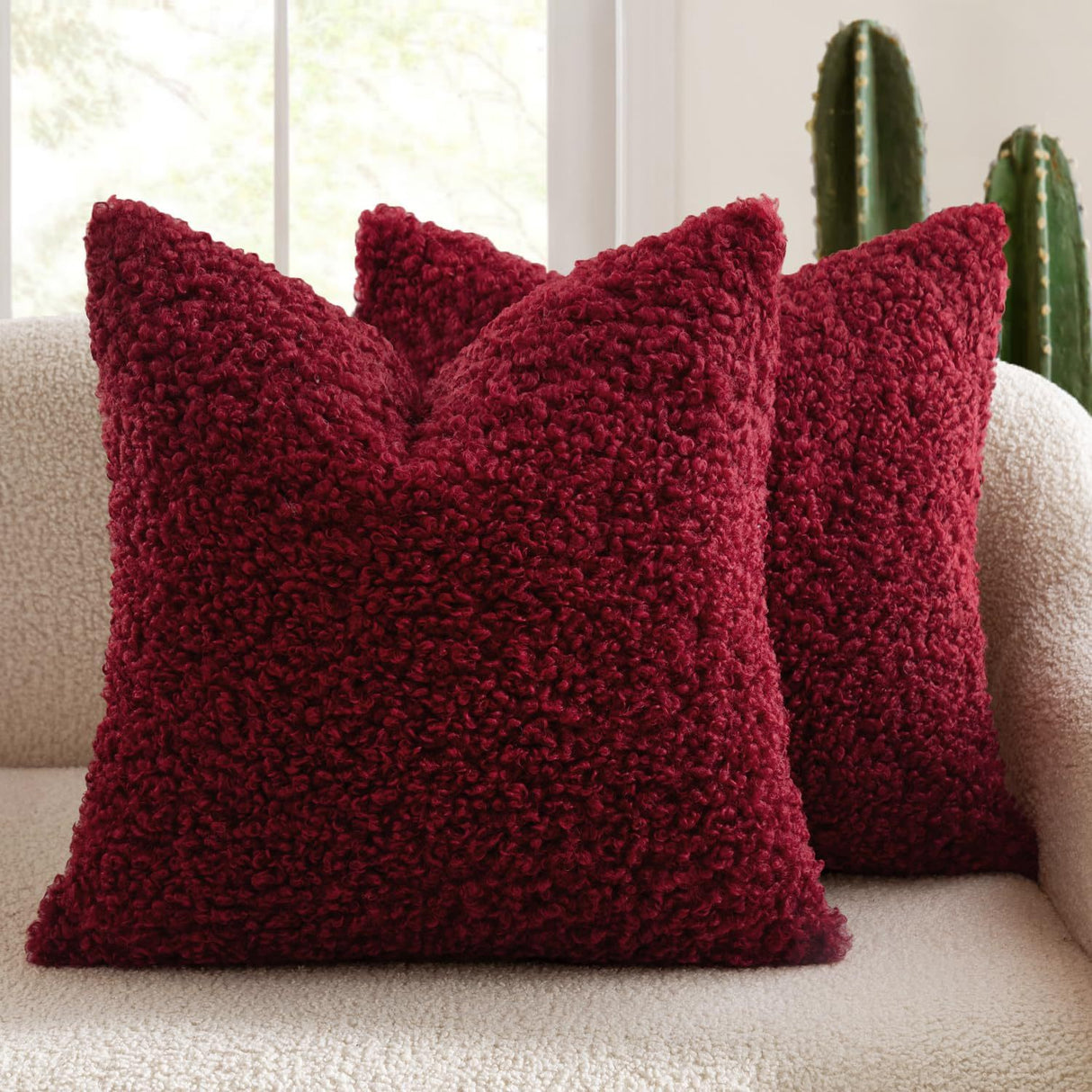 2 Pcs Red Cozy Teddy Boucle Cushion Cover - Plush Decorative Square Pillow Case for Sofa & Bed