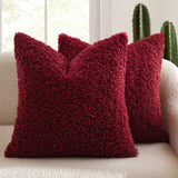 2 Pcs Red Cozy Teddy Boucle Cushion Cover - Plush Decorative Square Pillow Case for Sofa & Bed
