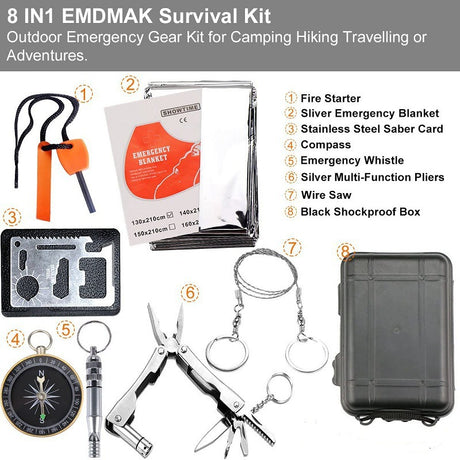 Black 8-in-1 Emergency Survival Kit - Compact Outdoor Gear for Camping, Hiking & Car