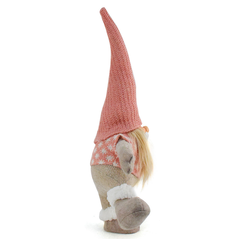 Pink Hat One-Legged Standing Christmas Gnome - Santa & Rudolph Plush Faceless Dwarf Figurine