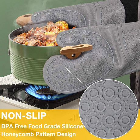 Red Set BPA-Free Non-Slip Silicone Oven Mitts - Heat Resistant Gloves with Honeycomb Pattern for Kitchen Safety