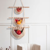 Single-layer hemp rope style Bohemian Hanging Fruit Basket – Wall-Mounted Woven Storage Net Pocket for Kitchen & Home Decor