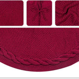 Red Luxury Knit Christmas Tree Skirt with Cable-Knit Border - Rustic Holiday Decor(122cm)