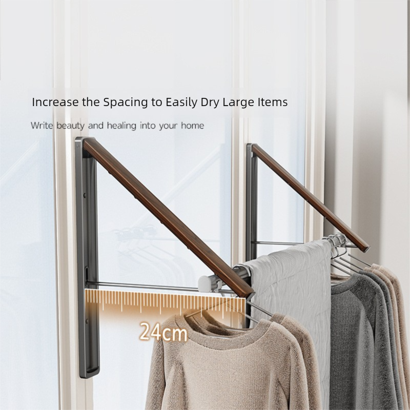 2 Pack White and Brown Wall Mounted Foldable Clothes Hanger Rack - Retractable Space Aluminium Drying Airer for Laundry & Balcony - Screw Mount Hardware Included