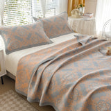 Grey and Orange Cotton Three-Layer Gauze Bed Cover Set - Reversible Vintage Printed Blanket with Two Pillowcases for Year-Round Use(200*230cm)