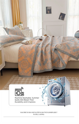 Grey and Orange Cotton Three-Layer Gauze Bed Cover Set - Reversible Vintage Printed Blanket with Two Pillowcases for Year-Round Use(200*230cm)