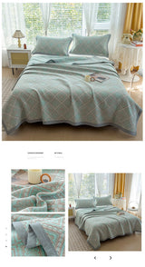 Grey and Green Cotton Three-Layer Gauze Bed Cover Set - Reversible Vintage Printed Blanket with Two Pillowcases for Year-Round Use(150*200cm)