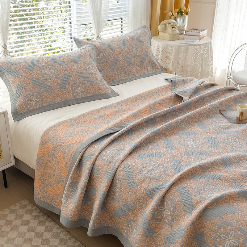 Grey and Pink Cotton Three-Layer Gauze Bed Cover Set - Reversible Vintage Printed Blanket with Two Pillowcases for Year-Round Use(200*230cm)
