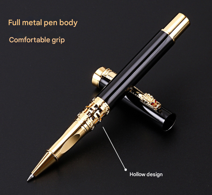Black Two-piece Set Luxury Retro Dragon Head Signature Pen Gift Set - Full Metal 0.5mm Rollerball Each Set with 2 Spare Refills for Business and Gifting