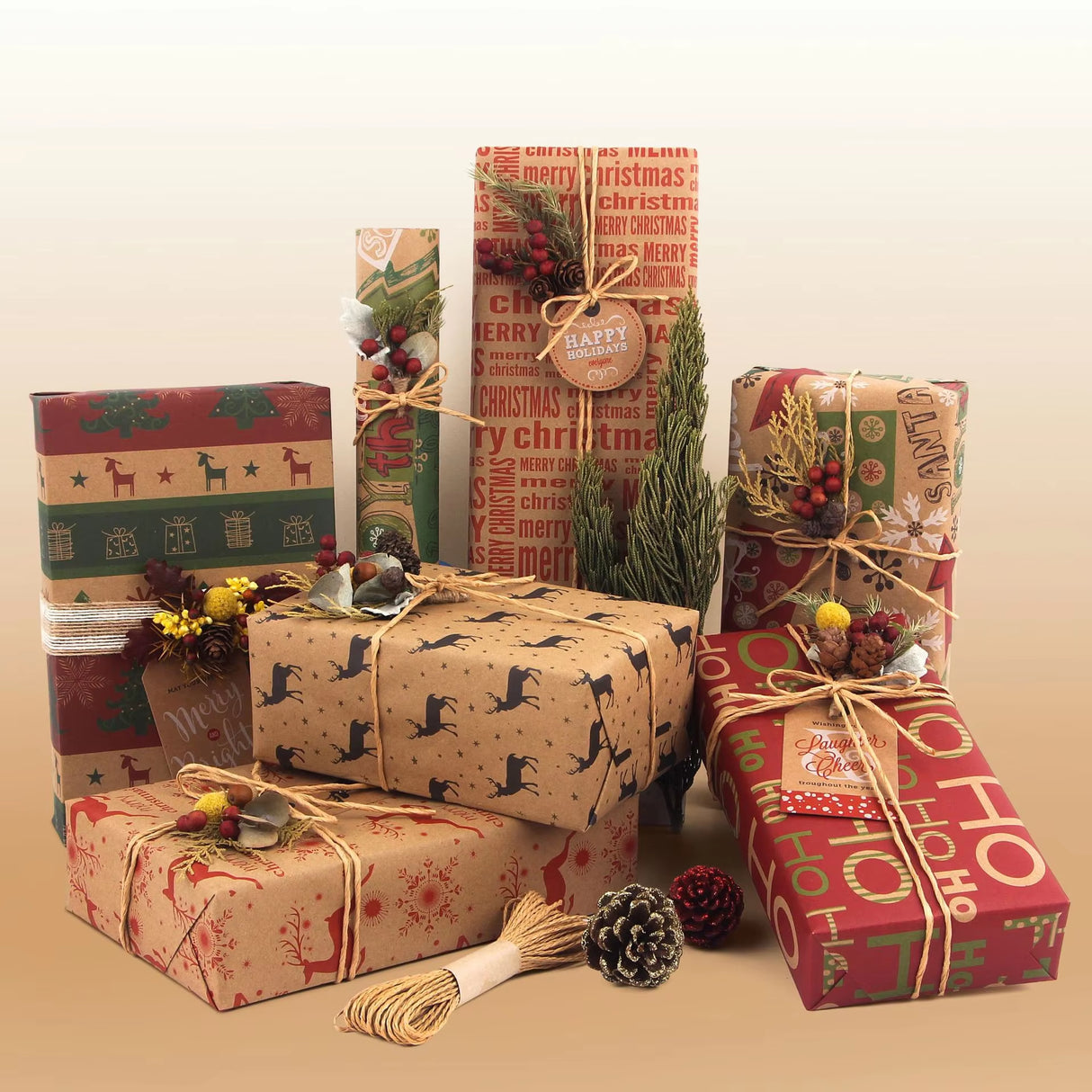 Christmas Gift Wrapping Paper 6-Pack - Vintage Kraft Style for Holiday Presents, 70x100cm