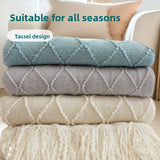 Smoky grey Nordic Knitted Throw Blanket with Tassels 130x230cm Soft Acrylic Diamond Pattern Sofa Cover Bed Runner and Travel Blanket