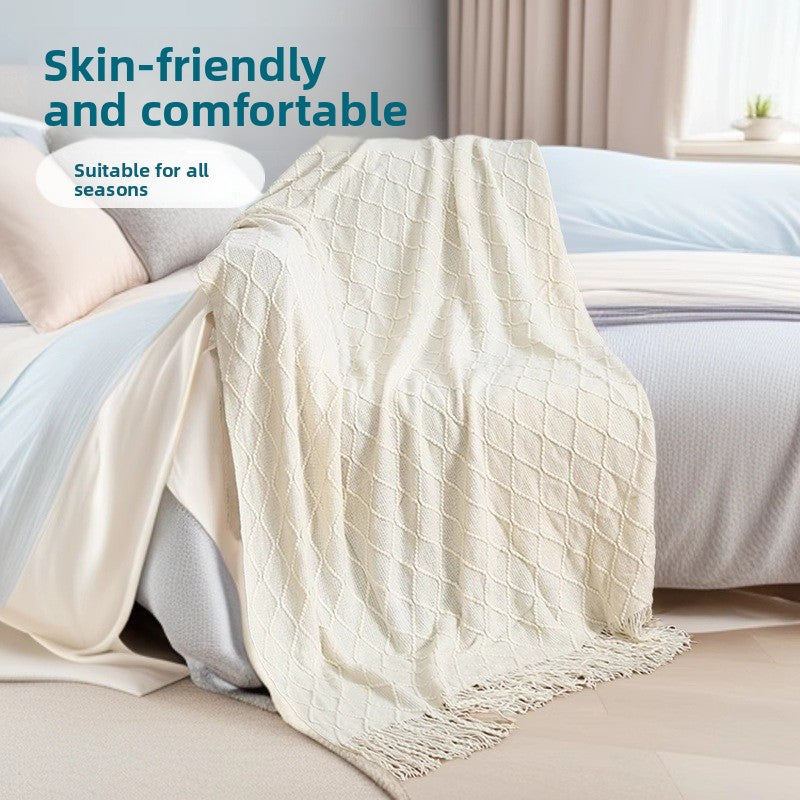 Pure white Nordic Knitted Throw Blanket with Tassels 130x230cm Soft Acrylic Diamond Pattern Sofa Cover Bed Runner and Travel Blanket