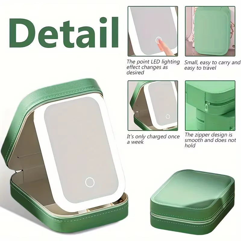 Green Portable LED Makeup Mirror with Jewellery Storage Box Touch Screen Adjustable Light Travel Cosmetic Organizer Case