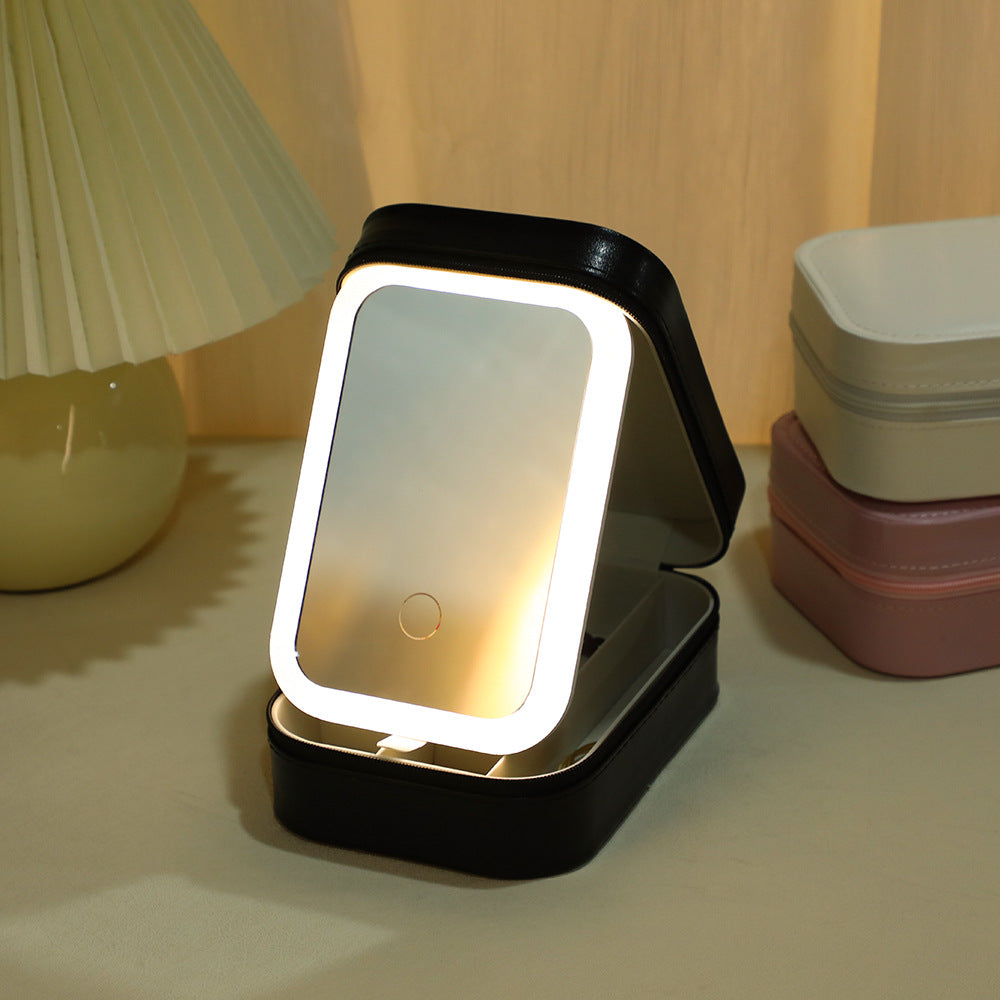 Black Portable LED Makeup Mirror with Jewellery Storage Box Touch Screen Adjustable Light Travel Cosmetic Organizer Case