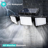 Solar Outdoor Security Lights Motion Sensor 210 LED - 3 Adjustable Heads Flood Light with Remote Control IP65 Waterproof for Garden Garage & Yard