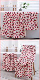 2 Pack Strawberry Coral Fleece Bath Towel Set - Ultra Soft Absorbent Microfibre Bathroom Towels with Hanging Loop - 70x140cm & 35x75cm