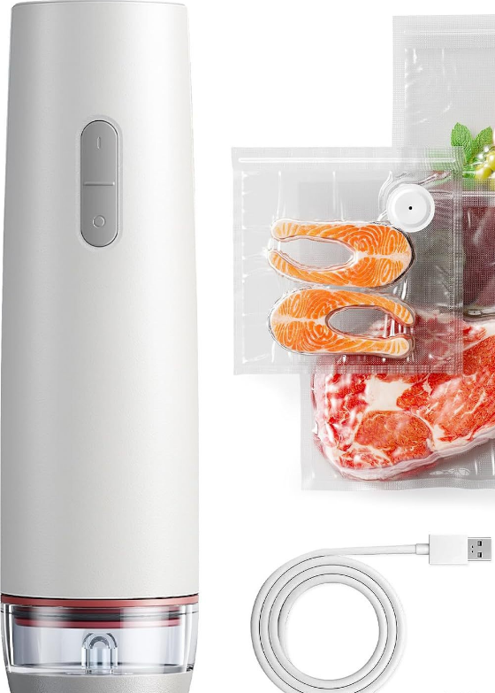 Portable Handheld Vacuum Sealer - Wireless Rechargeable Food Saver Pump - Compact Electric Kitchen Gadget for Meal Prep & Sous Vide - White