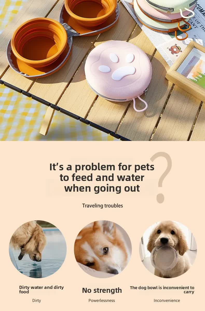 Portable Silicone Double Pet Bowl - Collapsible Travel Dog Feeder for Food & Water - 2 x 450ml Capacity with Zipper Case - Brown