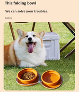 Portable Silicone Double Pet Bowl - Collapsible Travel Dog Feeder for Food & Water - 2 x 450ml Capacity with Zipper Case - Brown