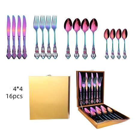 4Set / 16PCS Dazzle Color Royal Court Cutlery Set - Vintage Hollow Engraved 410 Stainless Steel Dinnerware with Gift Box