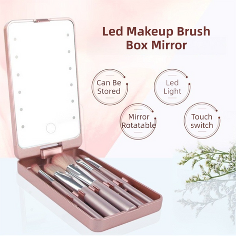 Black Portable LED Makeup Mirror with Lights & Brushes (9x2.5x16CM) - Mini Foldable Desktop Vanity Mirror with Dual Color Temperature