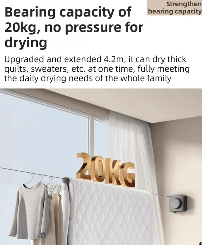 White 4.2M Heavy Duty Invisible Retractable Clothesline - Rustproof & Drill-Free Laundry Hanger with 20kg Load Capacity