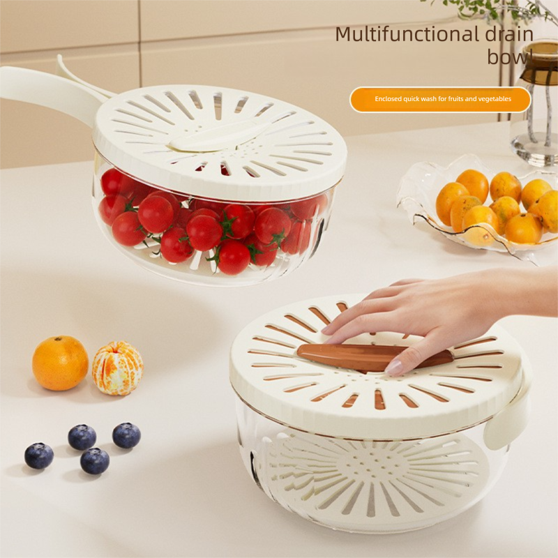 Brown large Multi-functional Fruit and Vegetable Washing Bowl with Lid and Hidden Handle Double-Layer Drainage Container for Refrigerator Storage and Outdoor Picnic Efficient Food Preservation for Local Standard Kitchens