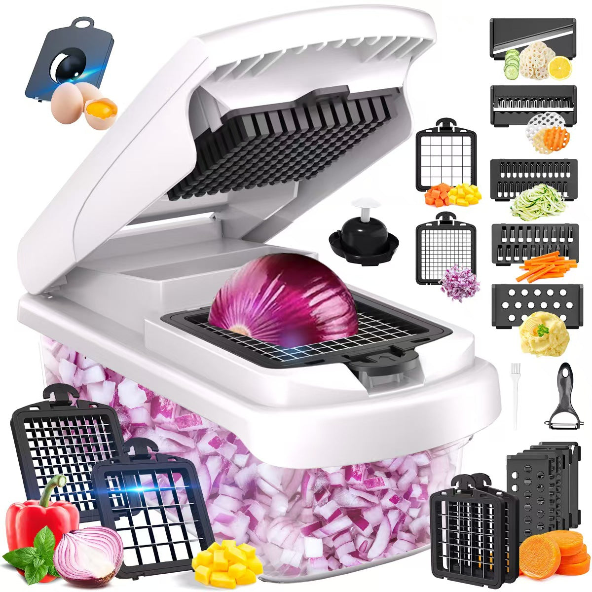 Black Multifunctional Vegetable Slicer – Manual Kitchen Cutter with Adjustable Blades for Slicing, Dicing, Shredding, Garlic Grinding, and Egg White Separation