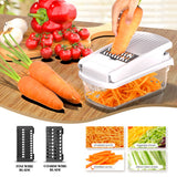 White Multifunctional Vegetable Slicer – Manual Kitchen Cutter with Adjustable Blades for Slicing, Dicing, Shredding, Garlic Grinding, and Egg White Separation