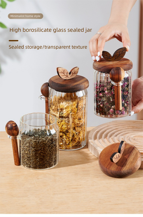 500ml Premium Borosilicate Glass Storage Jar with Acacia Wood Lid & Integrated Spoon – Airtight Moisture-Proof Kitchen Canister for Tea, Coffee, and Spices