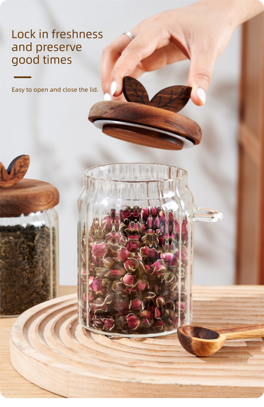 600ml Premium Borosilicate Glass Storage Jar with Acacia Wood Lid & Integrated Spoon – Airtight Moisture-Proof Kitchen Canister for Tea, Coffee, and Spices